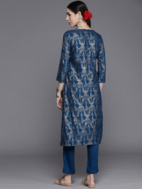 Thumbnail for Biba Women Navy Blue & Golden Ethnic Motifs Printed Kurta with Trousers - Distacart
