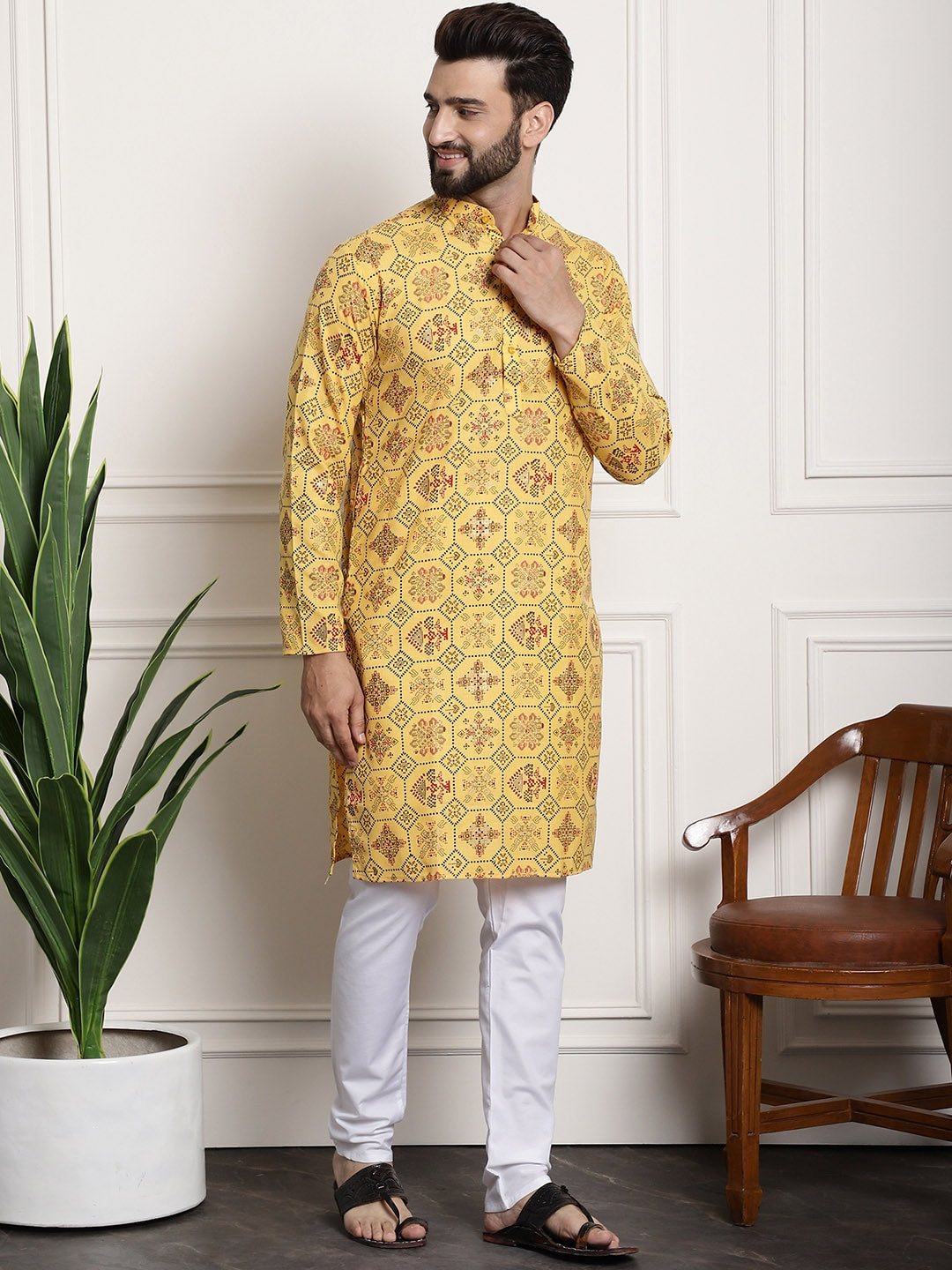 Sojanya Men Yellow Ethnic Motifs Printed Kurta with Churidar - Distacart