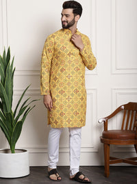 Thumbnail for Sojanya Men Yellow Ethnic Motifs Printed Kurta with Churidar - Distacart