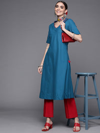 Thumbnail for Biba Women Navy Blue Solid Embroidered Bead Detail A-Line Pure Cotton Kurta - Distacart