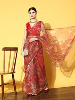 Thumbnail for Tikhi Imli Red Floral Sequinned Organza Saree - Distacart