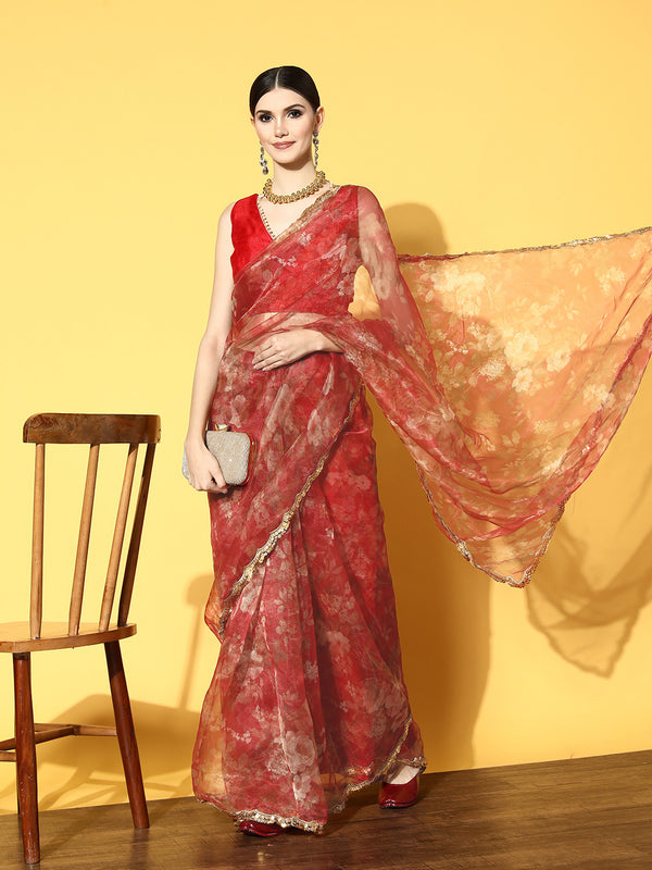 Tikhi Imli Red Floral Sequinned Organza Saree - Distacart