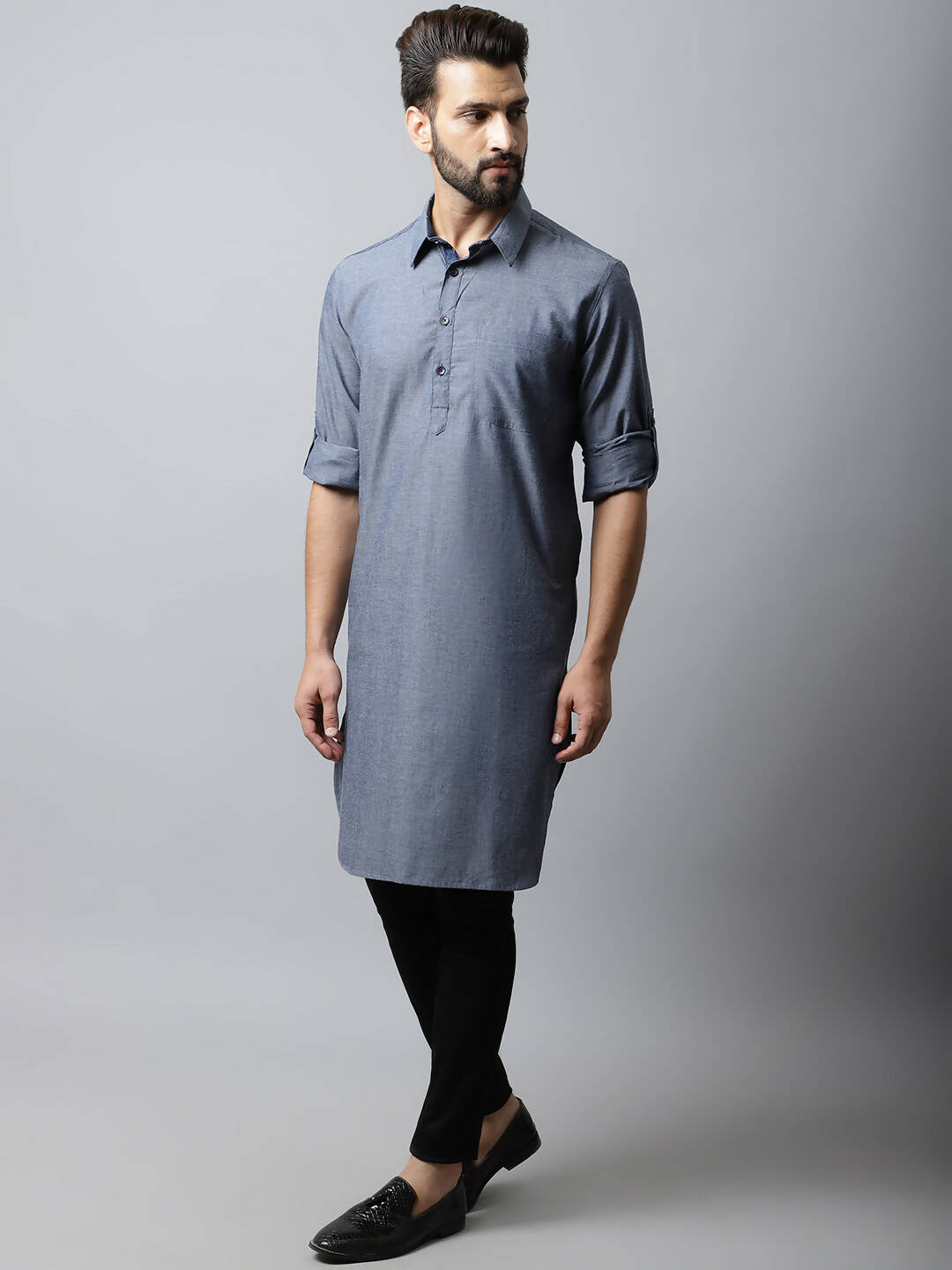 Even Apparels Grey Color Pure Cotton Solid Men's Kurta With Shirt Collar (MMS149) - Distacart