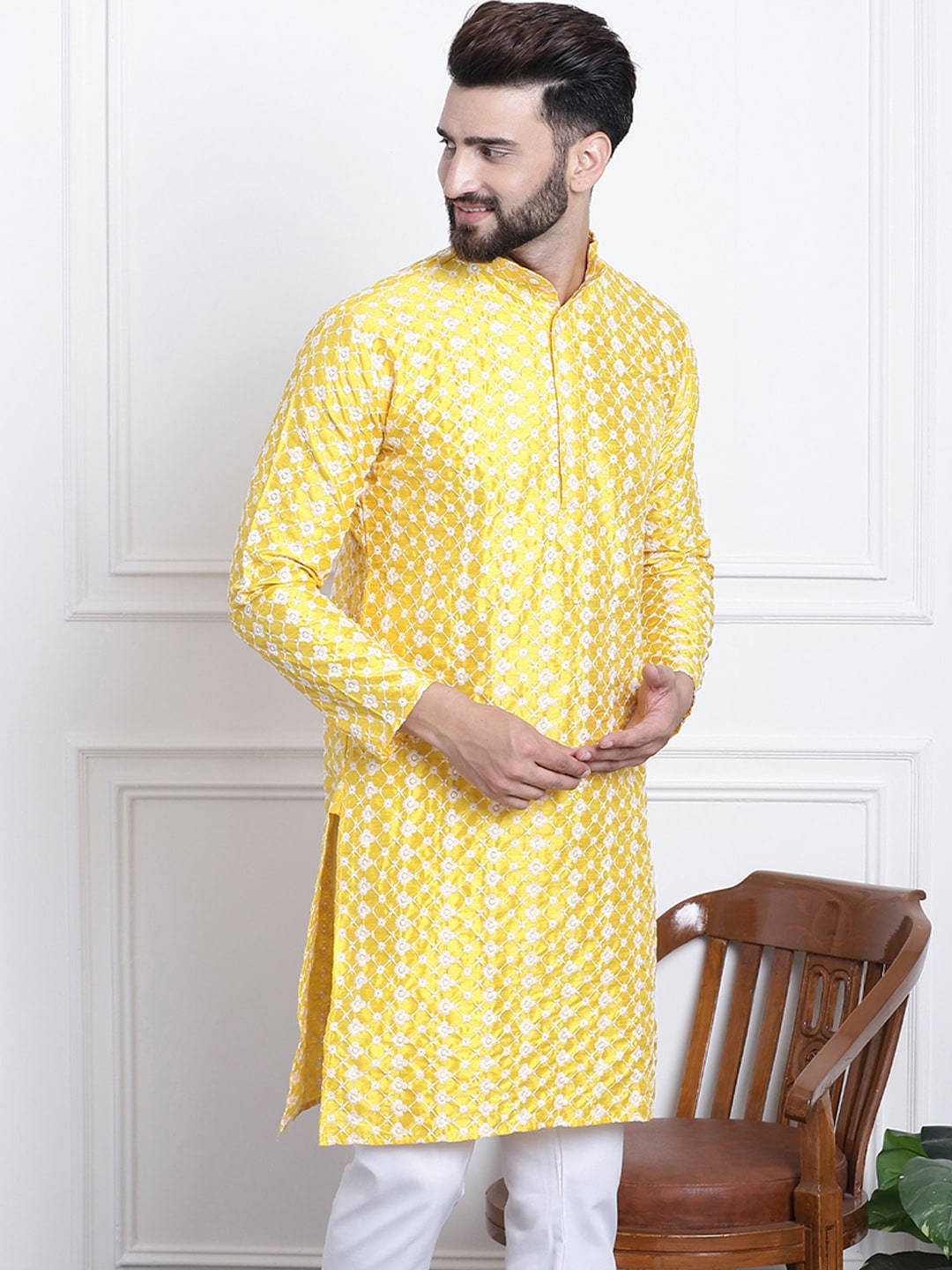 Sojanya Men Yellow & White Ethnic Motifs Embroidered Straight Kurta - Distacart