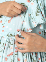Thumbnail for Manet Frill With Sleeve Maternity Dress Floral Print With Concealed Zipper Nursing Access - Green - Distacart