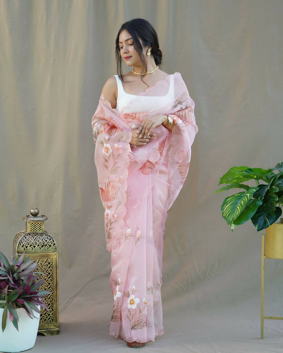 Vamsee Peach Organza Saree - Distacart