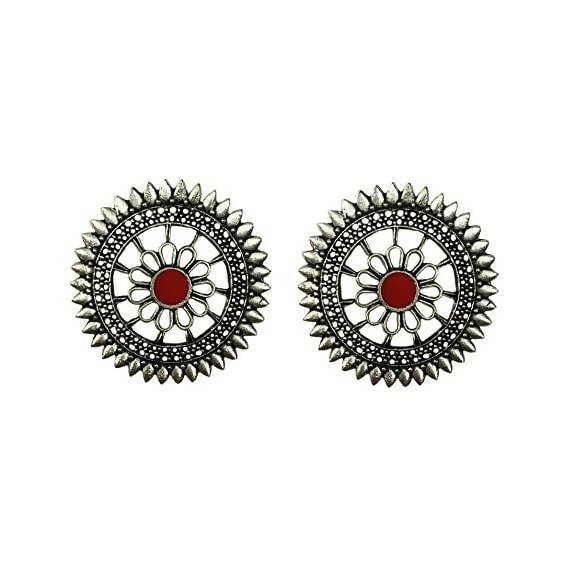 Tiaraa Red Alloy Silver Oxidised Stud Fashion Earrings - Distacart