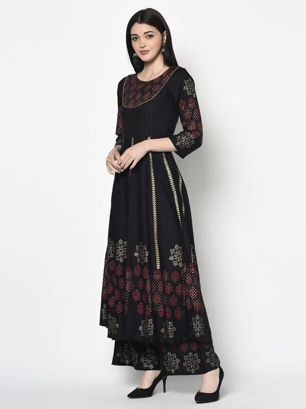 Aniyah Rayon Black Color Block Print Anarkali Palazzo Set (AN-186K)