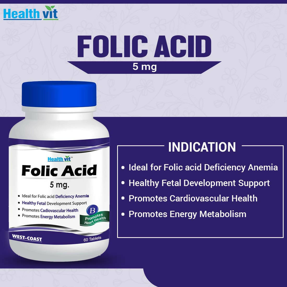 Healthvit Folic Acid 5mg Tablets for Folic acid - Distacart