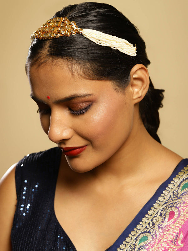 Gold-Plated White Kundan-Studded Pearl Beaded Hair Band - Ruby Raang - Distacart