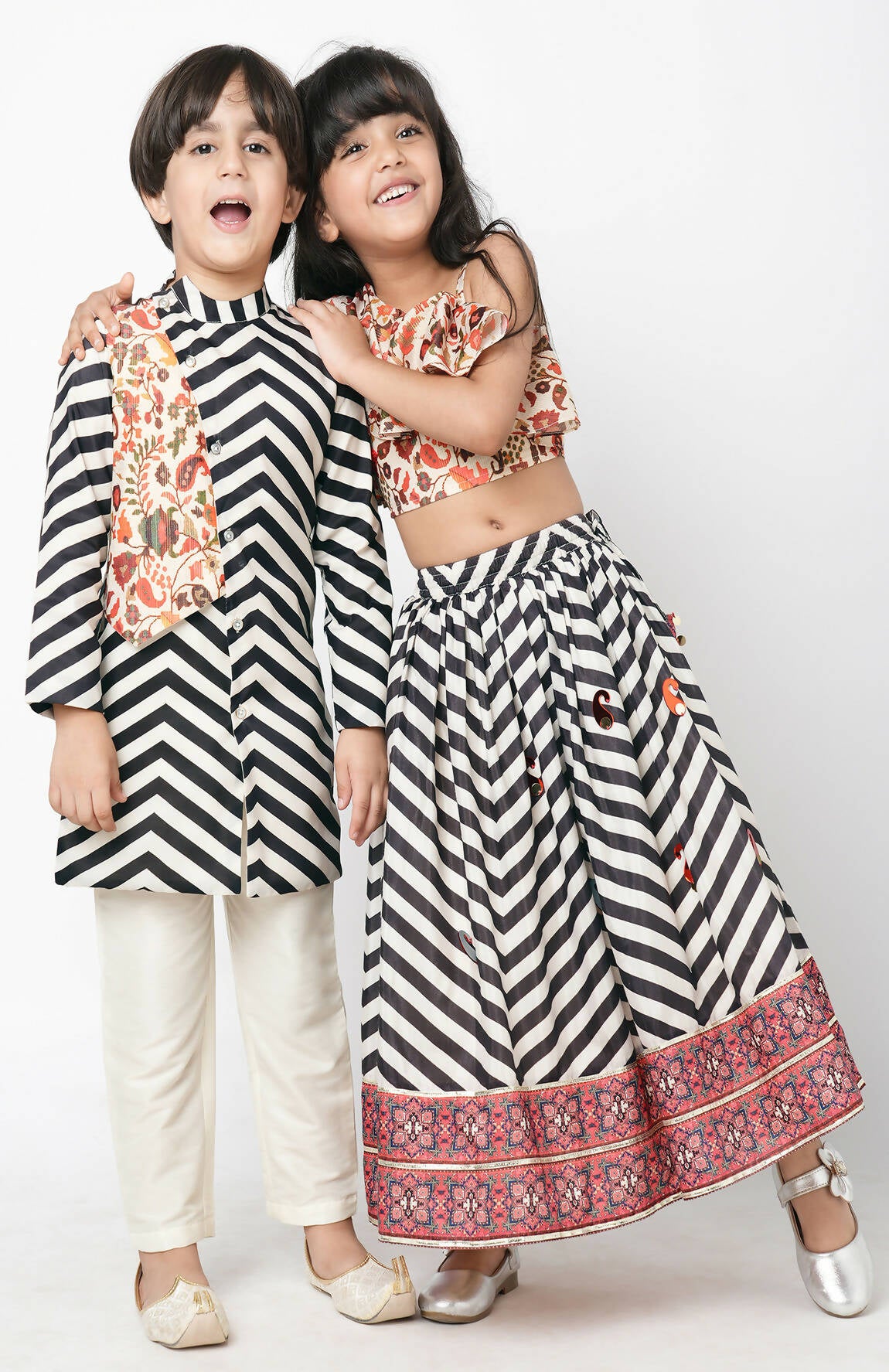 Lil Drama Chromatic Fusion Boys Black & White Stripe Kurta Pant Set - Distacart