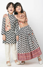 Thumbnail for Lil Drama Chromatic Fusion Boys Black & White Stripe Kurta Pant Set - Distacart