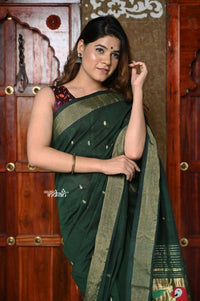 Thumbnail for Very Much Indian Handloom Pure Cotton Paithani - Dark Green - Distacart