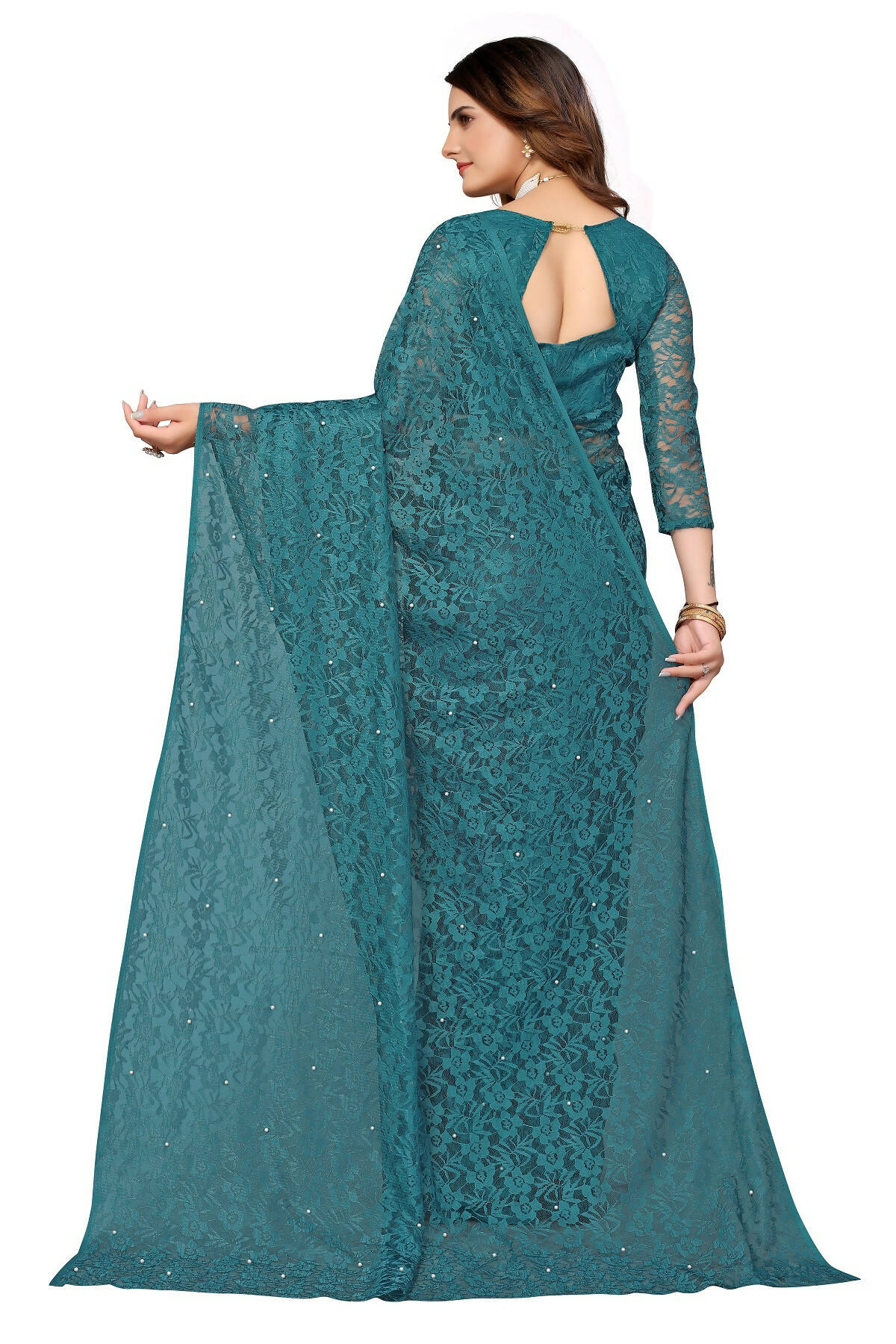Vamika Rama Green Pearls Net Saree - Distacart