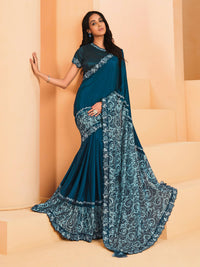 Thumbnail for Teal Satin Crepe Silk Sequence Embroidered Saree With Unstitched Blouse - Mohmanthan Yavanika - Distacart