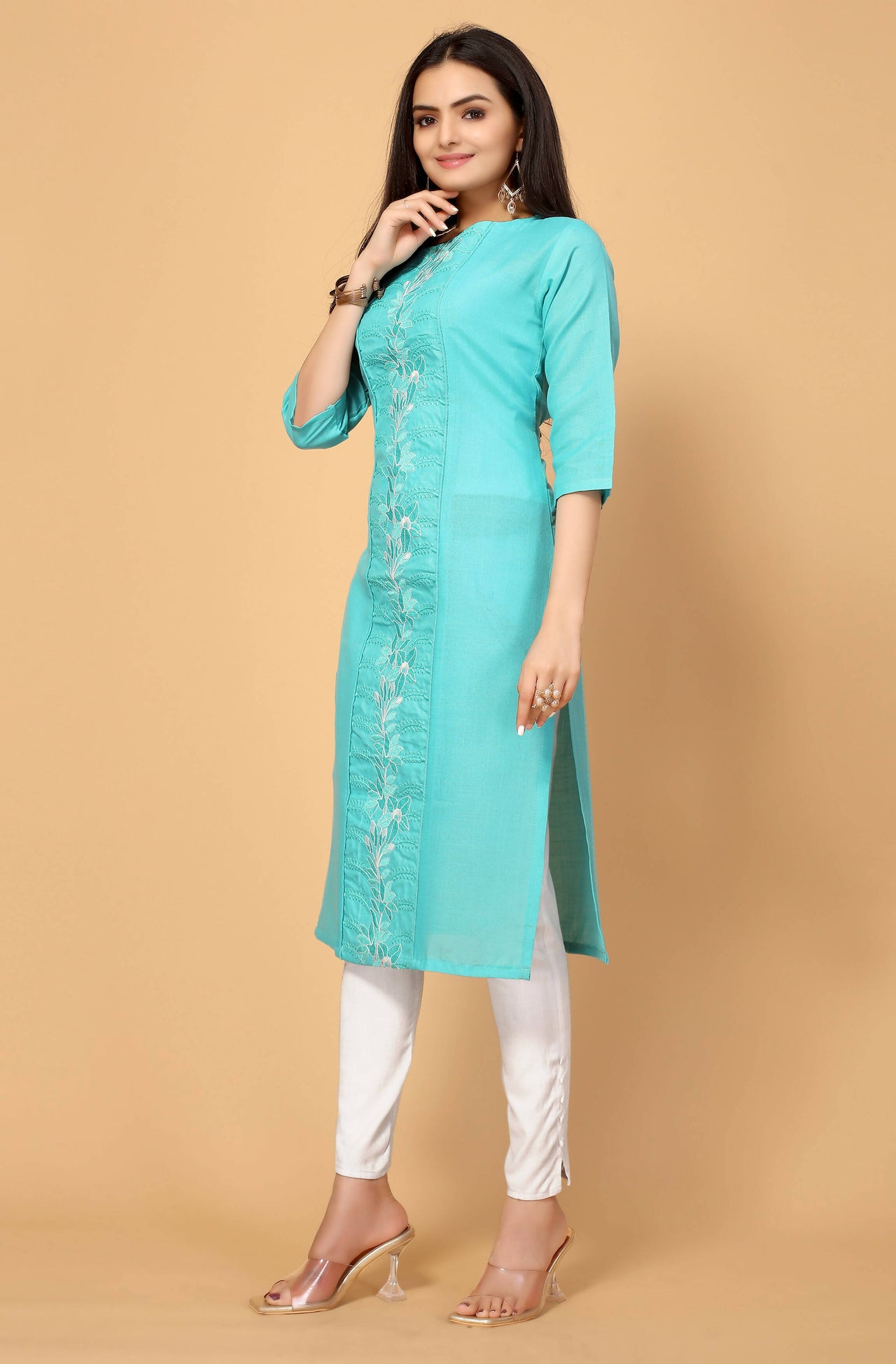Light Green Cottan Slub Embroidery Kurti - Umi - Distacart