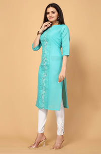 Thumbnail for Light Green Cottan Slub Embroidery Kurti - Umi - Distacart
