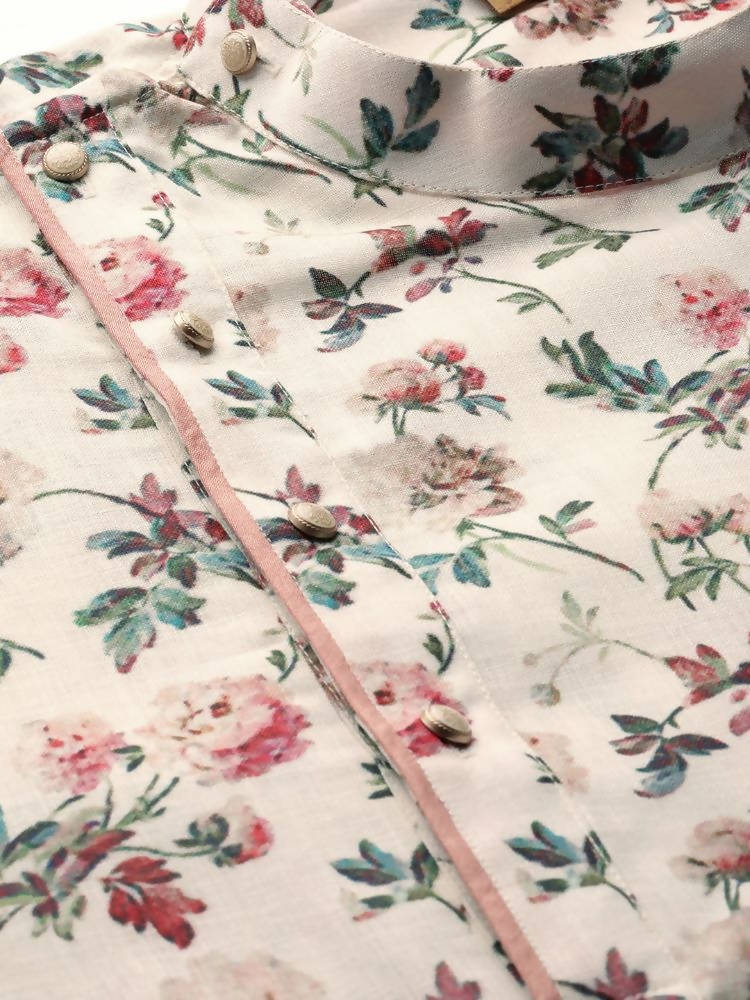 Manyavar Men Off-White & Pink Floral Print Straight Kurta - Distacart