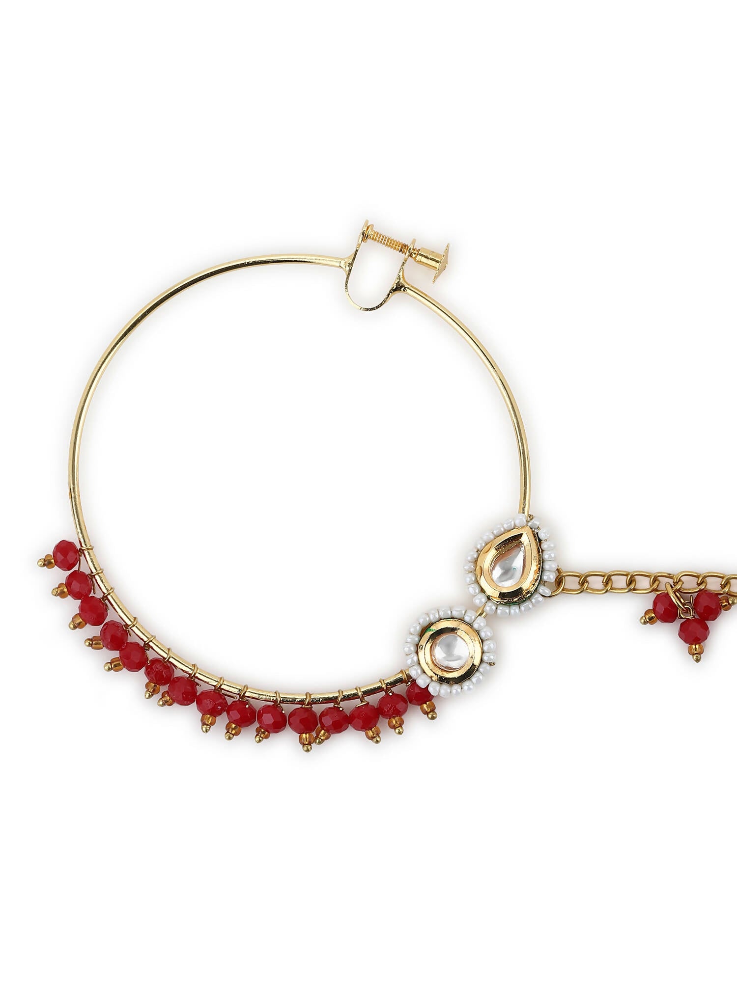 Gold-Plated White Red Kundan-Studded Pearl Beaded Nosepin - Ruby Raang - Distacart