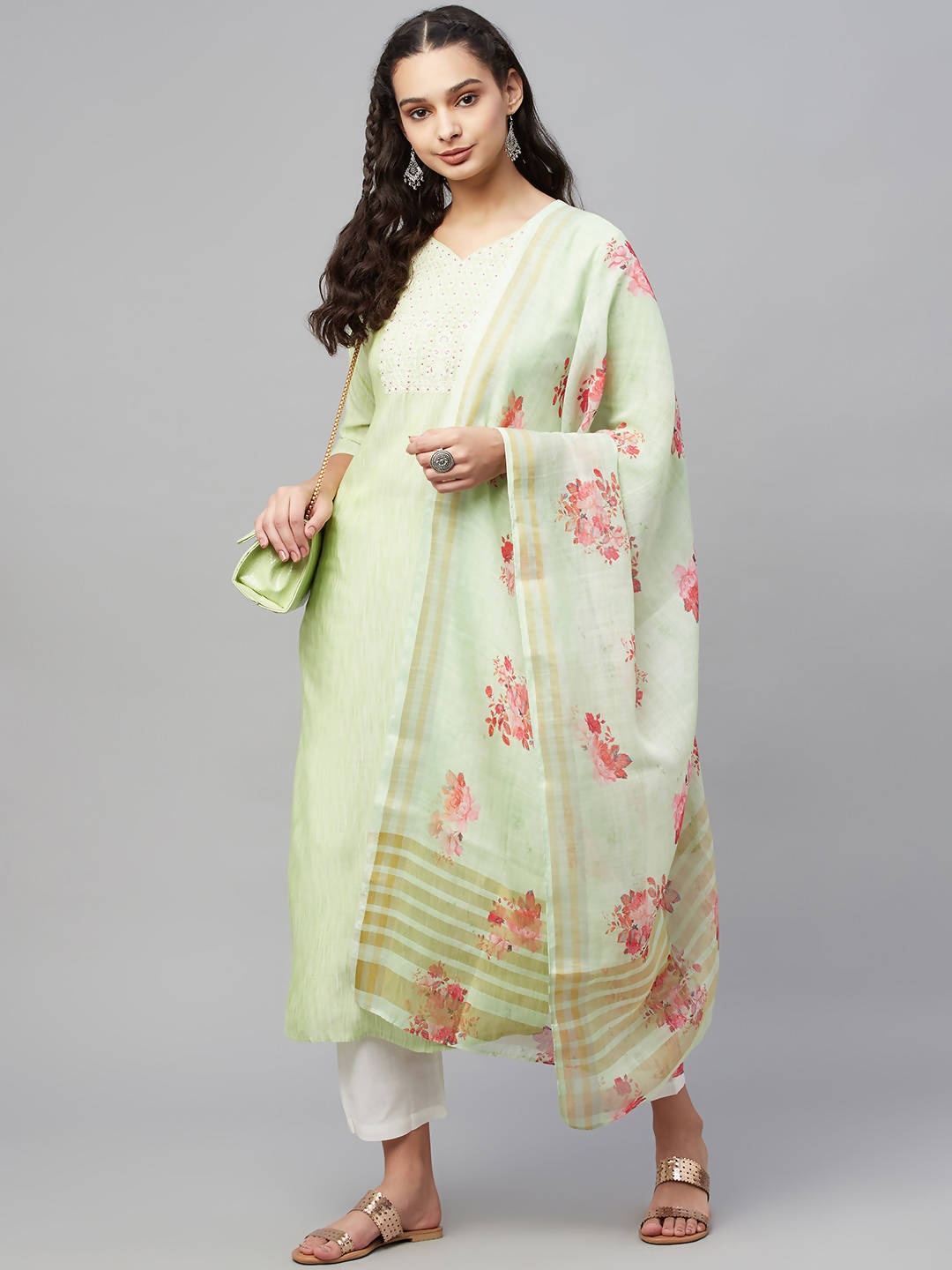 Myshka Green Embroidered 3/4 Sleeve V Neck Kurta Pant Dupatta Set - Distacart