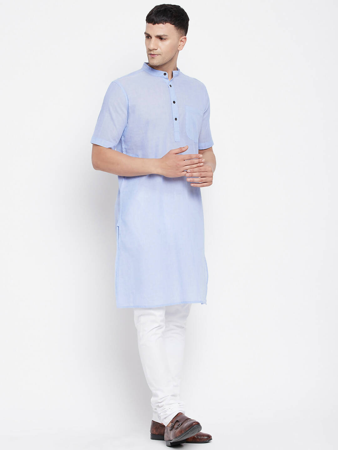 Even Apparels Blue Pure Cotton Men's H/S Kurta With Band Collar - Distacart