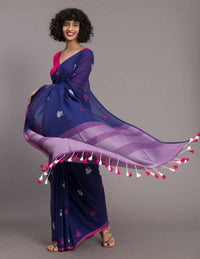 Thumbnail for Suta Blue Pink Ethnic Motifs Handloom Cotton Woven Saree - Distacart