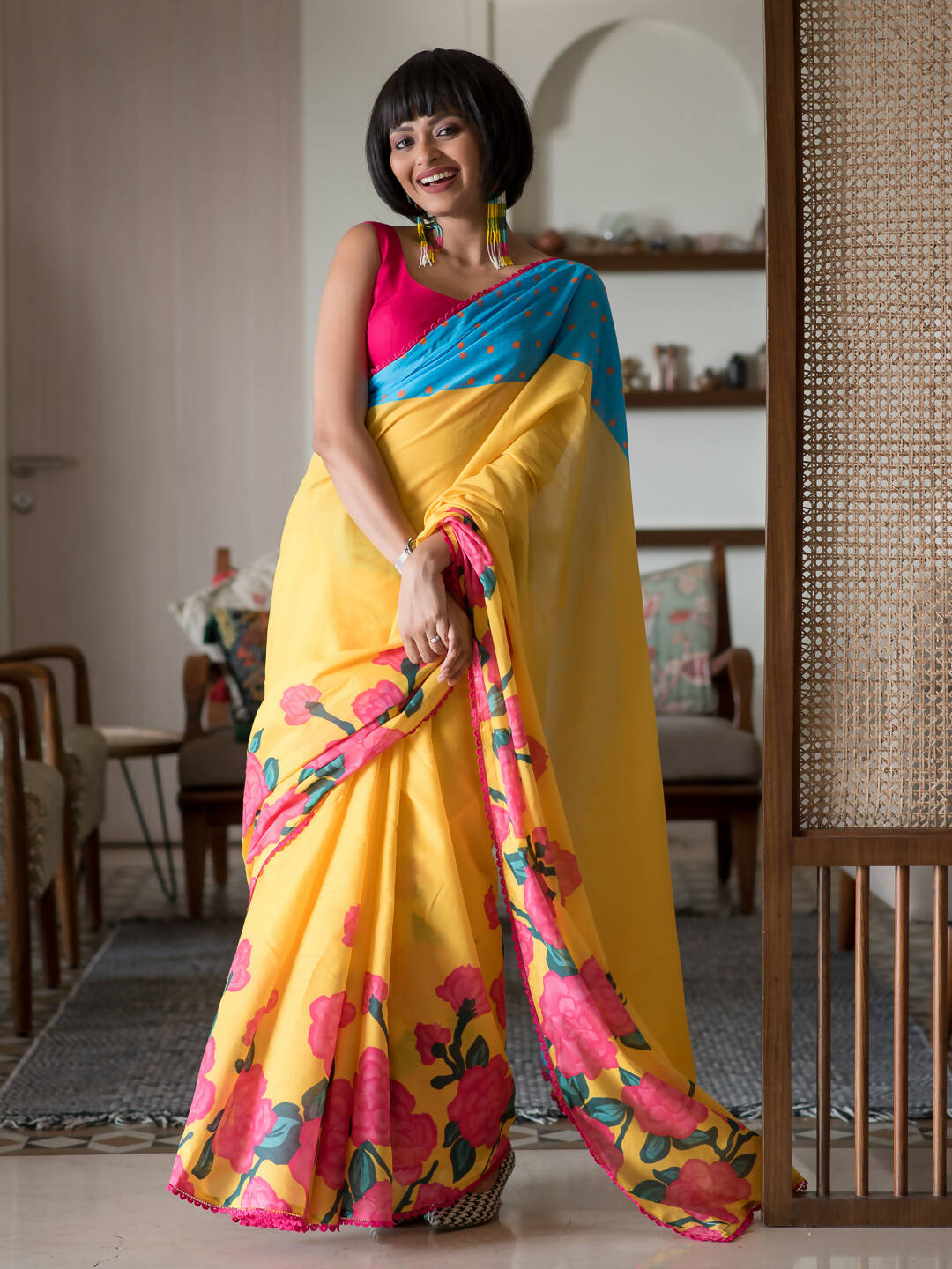 Suta Yellow Floral Pure Cotton Saree - Distacart