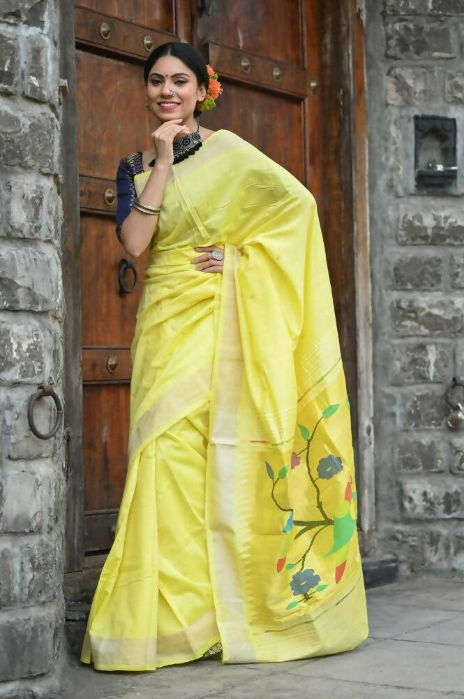 Very Much Indian Handloom Pure Cotton Fresh Yellow Paithani - Distacart