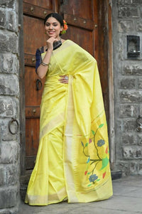 Thumbnail for Very Much Indian Handloom Pure Cotton Fresh Yellow Paithani - Distacart