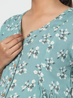 Thumbnail for Manet Short Sleeves Maternity Dress Floral Print With Concealed Zipper Nursing Access - Green - Distacart