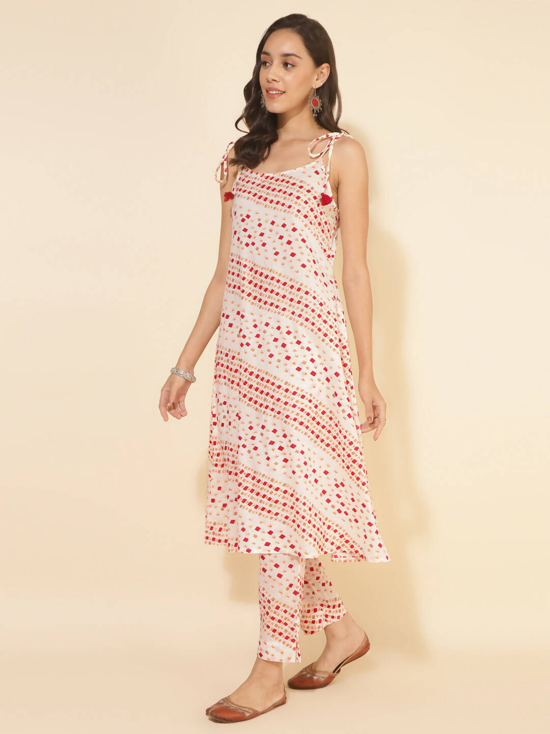 Janasya Women's White Cotton Geometric Printed Casual A-line Co-ords - Distacart