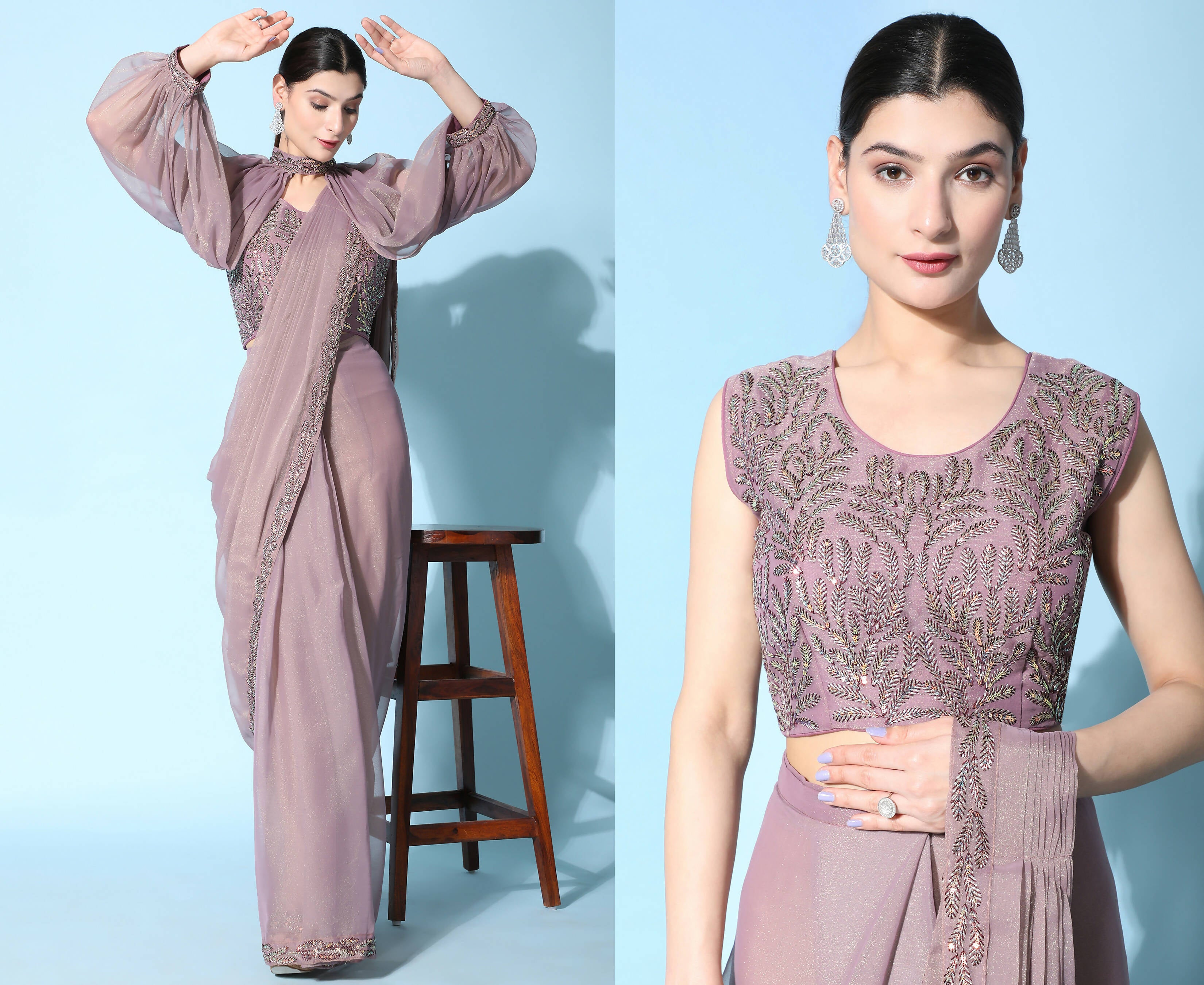 Purple Fancy Pure Fabric Plain Ready to wear Saree with stitched Blouse - Vrinda - Distacart