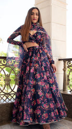 Thumbnail for Pomcha Jaipur Majari Blue Organza Lehenga Set - Distacart