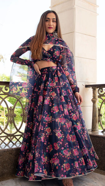 Pomcha Jaipur Majari Blue Organza Lehenga Set - Distacart