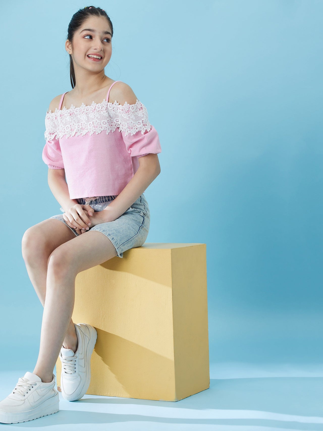 Girls Cold-Shoulder Sleeves Cotton Crop Top - Mini Marvels - Distacart