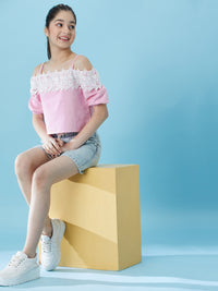 Thumbnail for Girls Cold-Shoulder Sleeves Cotton Crop Top - Mini Marvels - Distacart