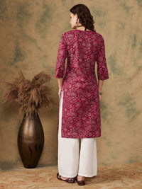 Thumbnail for InWeave Women's Burgundy Maroon Print V Neck Lace Work Straight Kurta - Distacart