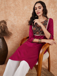 Thumbnail for InWeave Women's Wine Printed Neck Patch Work Straight Kurta - Distacart