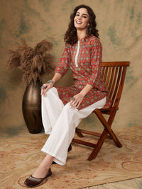 Thumbnail for InWeave Women's Maroon Ethnic Print Lace Gota Work Straight Kurta - Distacart