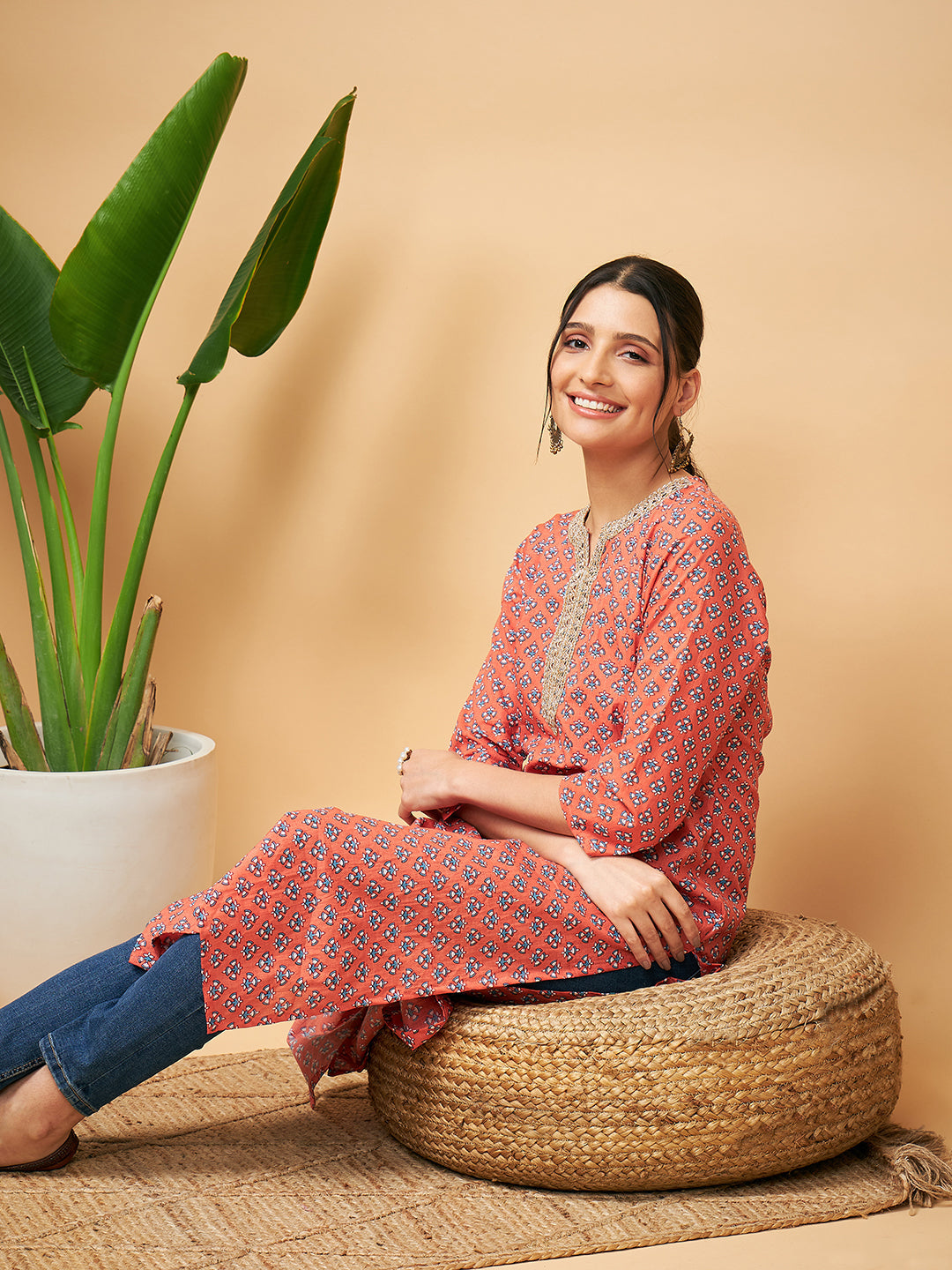 InWeave Women's Coral Blue Boota Print Gota Straight Kurta - Distacart