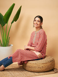 Thumbnail for InWeave Women's Coral Blue Boota Print Gota Straight Kurta - Distacart