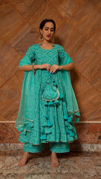 Thumbnail for Pomcha Jaipur Bandhej Tiffany Blue Cotton Anarkali Set - Distacart