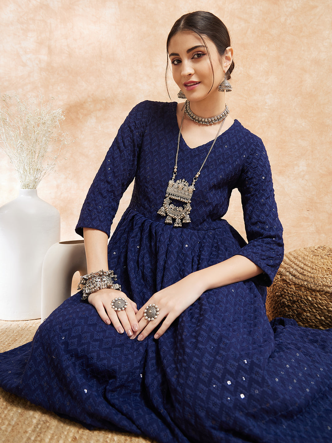 InWeave Women's Royal Blue Chikankari Long Anarkali Kurta Sharara Set - Distacart