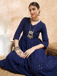 Thumbnail for InWeave Women's Royal Blue Chikankari Long Anarkali Kurta Sharara Set - Distacart