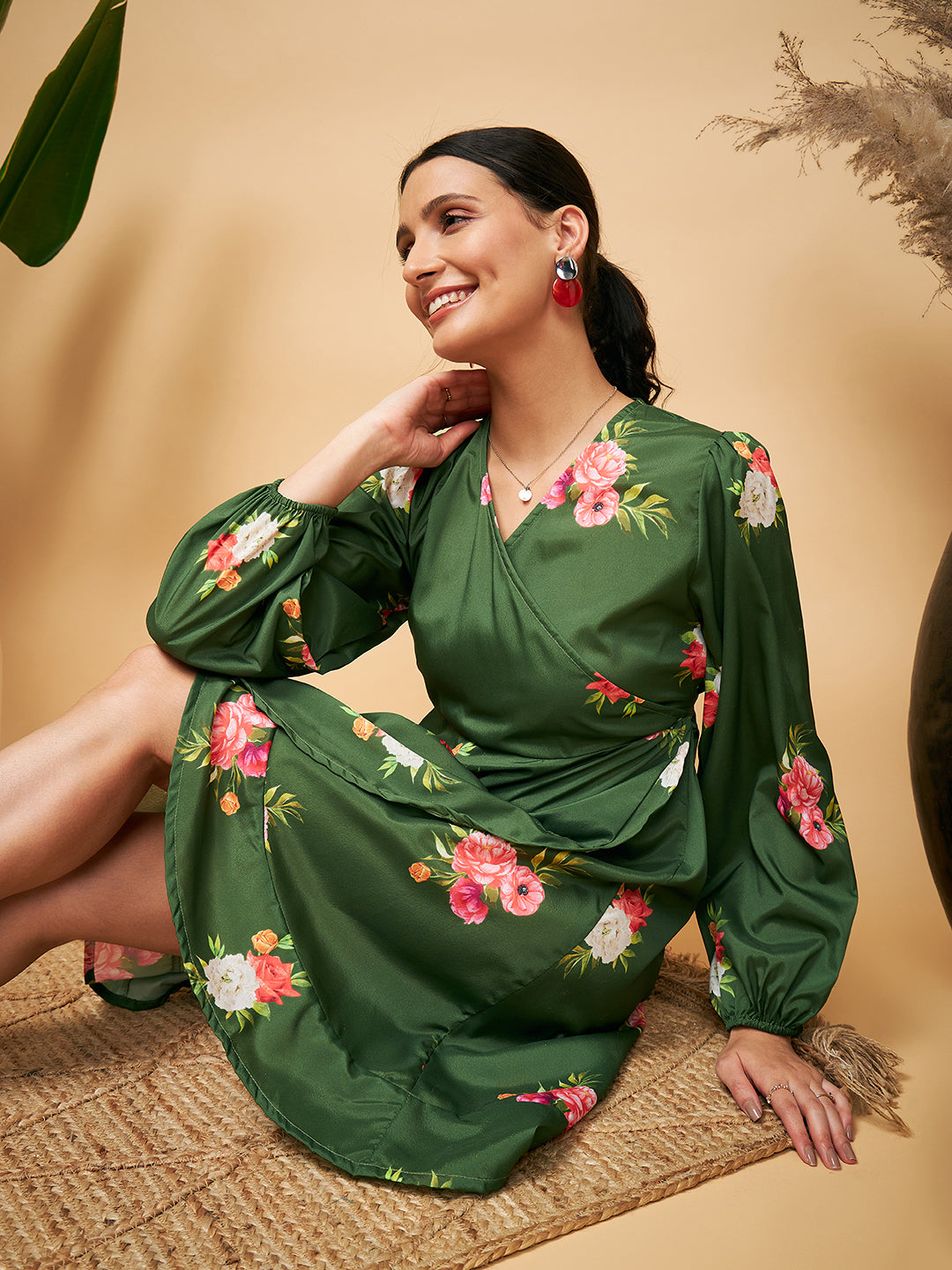 InWeave Women's Green Small Flower Belted Dress - Distacart