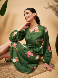 Thumbnail for InWeave Women's Green Small Flower Belted Dress - Distacart