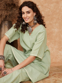 Thumbnail for InWeave Women's Sage Green Kantha Lace Wrok Kimono Sleeve Kurta Set - Distacart