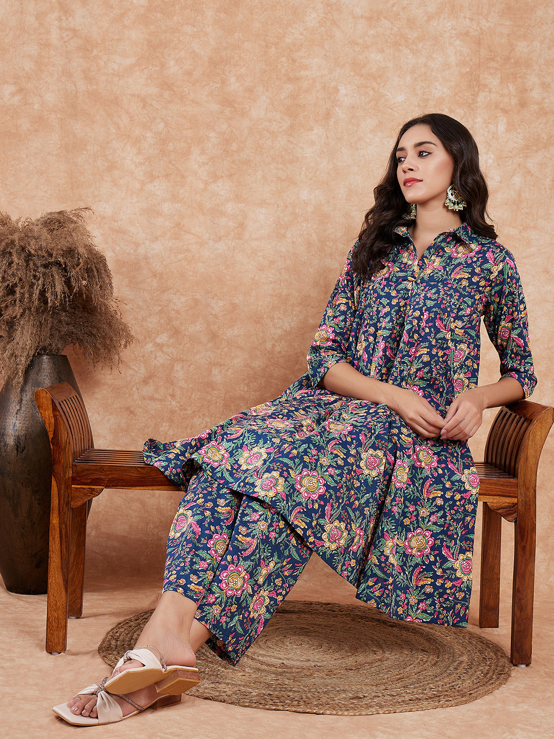 InWeave Women's Blue Green Pink Floral Print Flared Kurta Pant Set - Distacart
