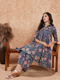 Thumbnail for InWeave Women's Blue Green Pink Floral Print Flared Kurta Pant Set - Distacart