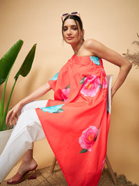 Thumbnail for InWeave Women's Dark Orange Pink Blue Flower One Shoulder Kurta - Distacart